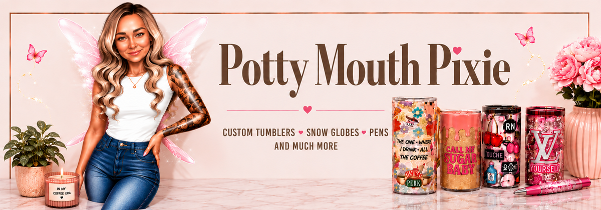 A promotional banner for 'Potty Mouth Pixie' featuring a woman with angel wings posing next to various colorful novelty gift containers, candles, and a pink floral arrangement on a light marble surface against a pink background.